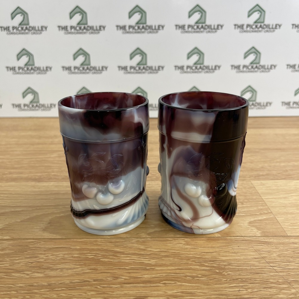 Imperial Glass Purple Slag Glass Morning Glory Tumblers Set of 2 Vintage IG Logo